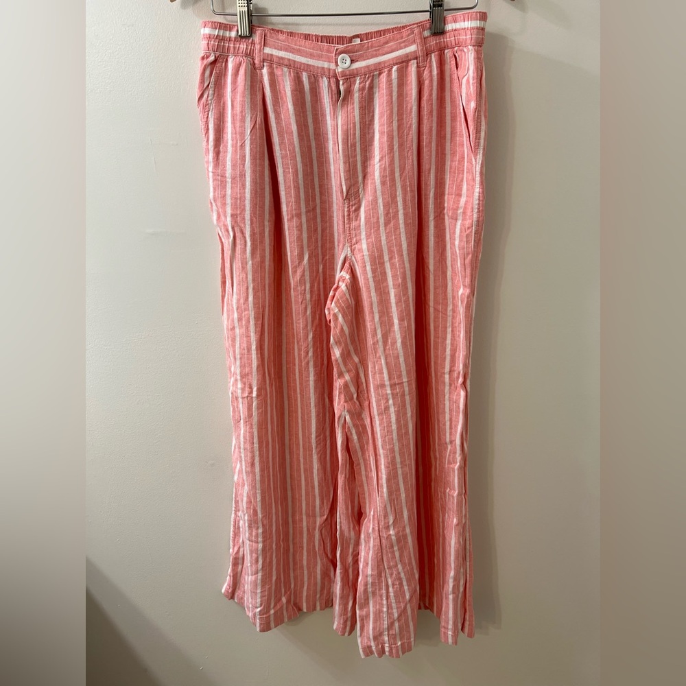 NWT Aerie Pink Stripe Linen Wide Leg Beach Vacation Pants Large